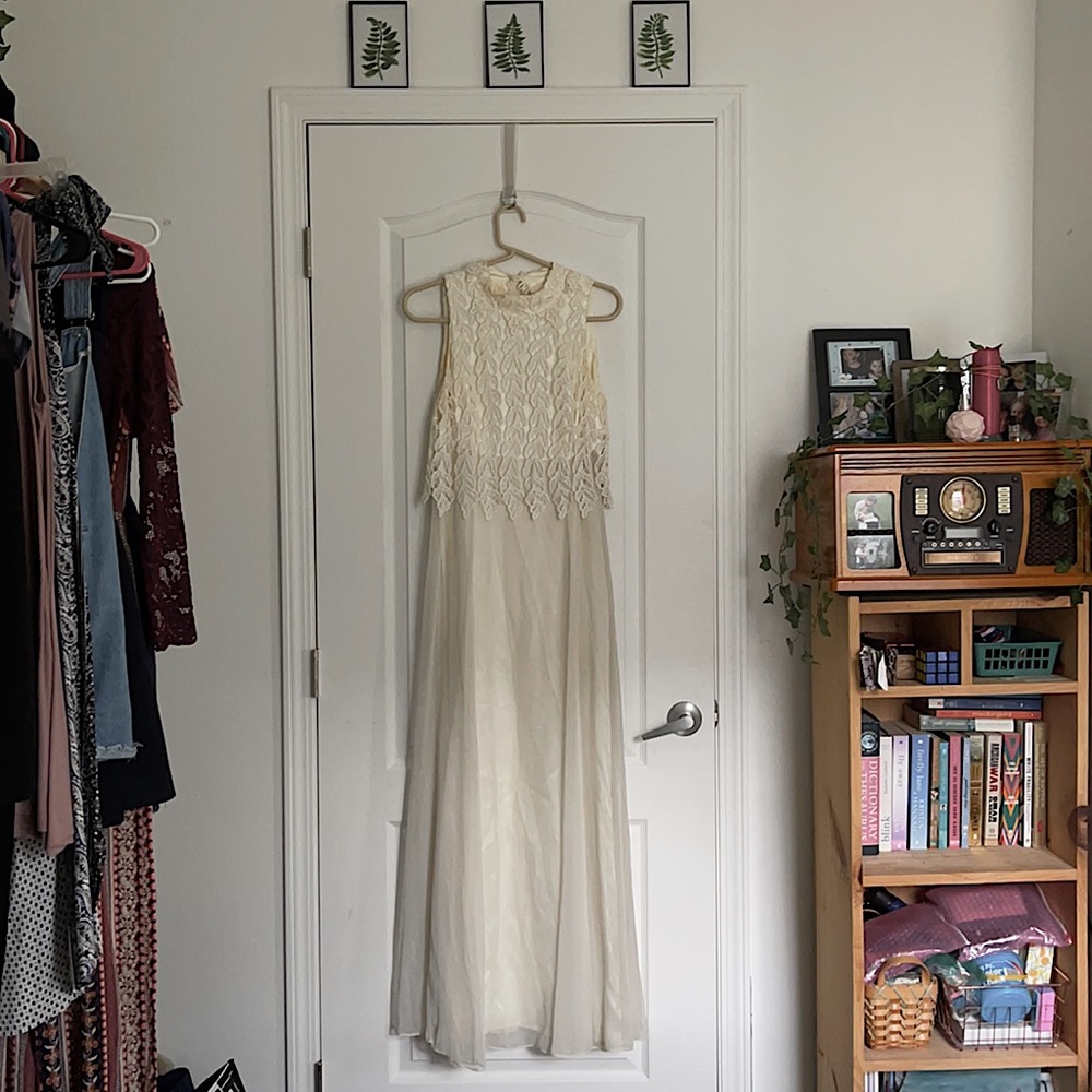2 Layered Lace Top Dress, Pearl Buttons, Open Back